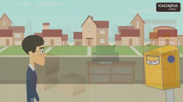 Still from the animated film: a cartoon man in glasses on a suburban street, next to a yellow post box, with the Acceptus e-Brev logo in the corner.