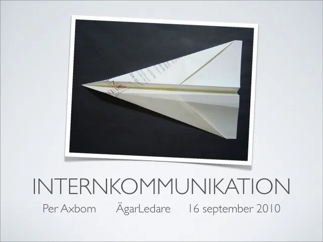 Title slide: “Internkommunikation – Per Axbom, ÄgarLedare, 16 september 2010”, under a photo of a paper plane.