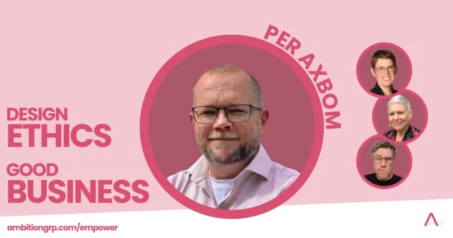 Promotional image: Design Ethics = Good Business with Per Axbom. Photo of Per alongside smaller photos of Kim Goodwin, Susan Weinschenk and Chris Noessel, and the address ambitiongrp.com/empower.