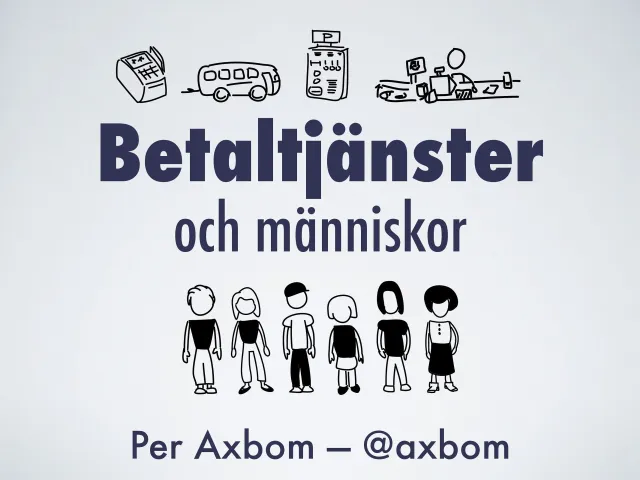 Title slide “Betaltjänster och människor – Per Axbom”, with Per's line drawings of a card reader, a bus, a parking meter and a supermarket checkout above a row of six people.