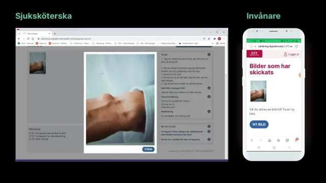Still from the training film (in Swedish): The nurse's image tool on the left and the caller's phone on the right: the caller has sent a photo of their arm, the nurse views it next to a guide for the call.
