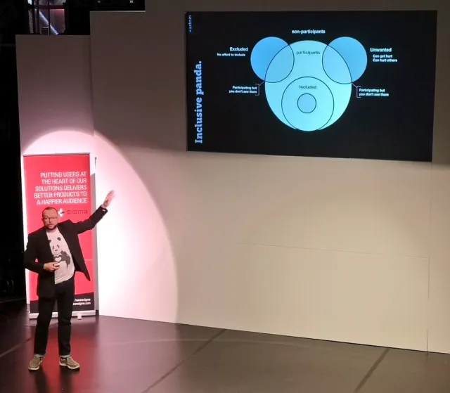 Photo: Sue Keogh: Per Axbom pointing at the “Inclusive panda” slide: a diagram of included people, participants, non-participants, the excluded and the unwanted.