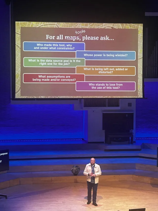 Photo: Aleksandra Sielaff: Per Axbom on stage at Camp Digital 2025. “For all tools, please ask…”: questions about who made a tool, whose power it serves and who stands to lose.