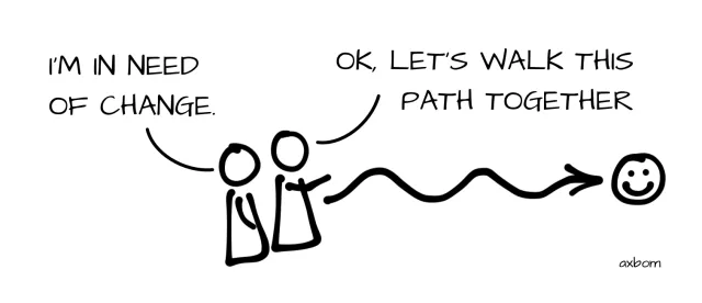 Cartoon: two stick figures stand side by side. One says “I’m in need of change.” The other points along a wavy arrow that ends in a smiling face and says “Ok, let’s walk this path together.”