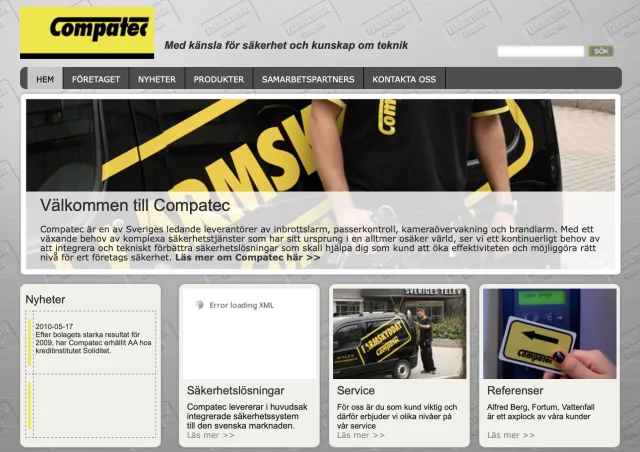 Screenshot of the website I built for Compatec, compatec.se in August 2010 as saved by the Internet Archive – not all content loads there, and one of the boxes only shows “Error loading XML”. In Swedish: Compatec's yellow logo and the slogan “With a feel for security and knowledge of technology”, a menu (Home, The company, News, Products, Partners, Contact us) and a large photo of a service technician by a black van marked “Larmskyddat” (alarm-protected), with the heading “Welcome to Compatec”. Below: a news item from 17 May 2010 and boxes for security solutions, service and references.