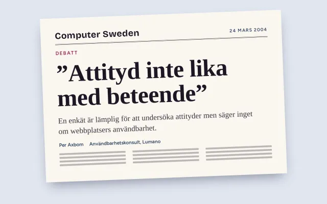 A designed cover in the style of a newspaper clipping: “Computer Sweden, 24 mars 2004, Debatt – ”Attityd inte lika med beteende”” (Attitude is not the same as behavior), with the lead and Per Axbom's byline.