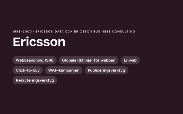 A designed cover in dark berry: “Ericsson”, 1998–2000, Ericsson Data and Ericsson Business Consulting, with labels: the 1998 webcast, global web guidelines, Eriweb, Click-to-buy, the WAP campaign, publishing tools and the recruitment tool.