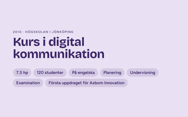 A designed cover in light purple: “Kurs i digital kommunikation”, 2010, Jönköping University, with labels: 7.5 credits, 120 students, in English, planning, teaching, examination, and the first assignment for Axbom Innovation.