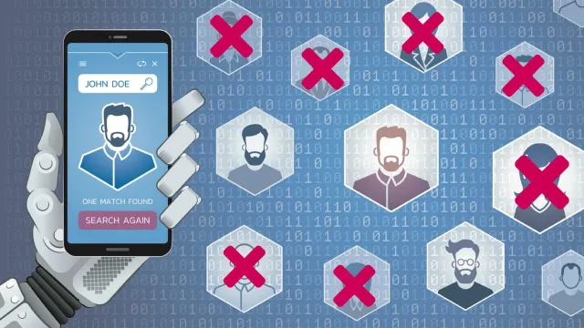 Automated recruitment: A robot hand holds a phone searching through faces in hexagons – several of the faces are crossed out with red crosses.
