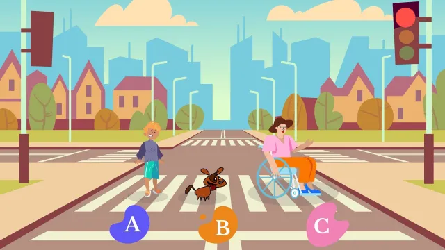 Who should the car choose?: A cartoon street with a crossing and a red light: a child, a dog and a person in a wheelchair, labelled A, B and C – the dilemma of whom a self-driving car should choose to hit.