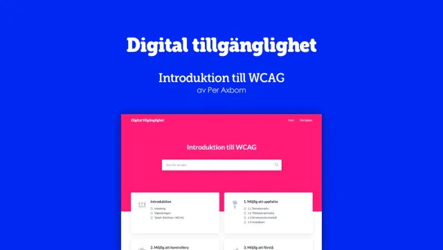 “Digital tillgänglighet – Introduktion till WCAG, av Per Axbom” on a blue background, above a screenshot of the site with its pink header and chapter overview.