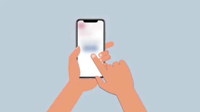 Instruction film, step 1: work in progress: The draft: animated hands tap a phone whose screen is still a blurred placeholder, on a light blue background, no text yet.