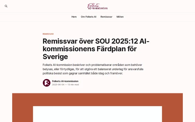 Screenshot of folketsai.se: the Folkets AI-kommission logo above the headline “Remissvar över SOU 2025:12 AI-kommissionens Färdplan för Sverige”, published 4 June 2025.