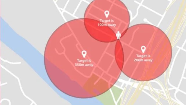 Slide: Triangulation: A map with three overlapping red circles – “Target is 100m / 200m / 350m away” – showing how a dating app's distance feature can be used to pinpoint where a person is.