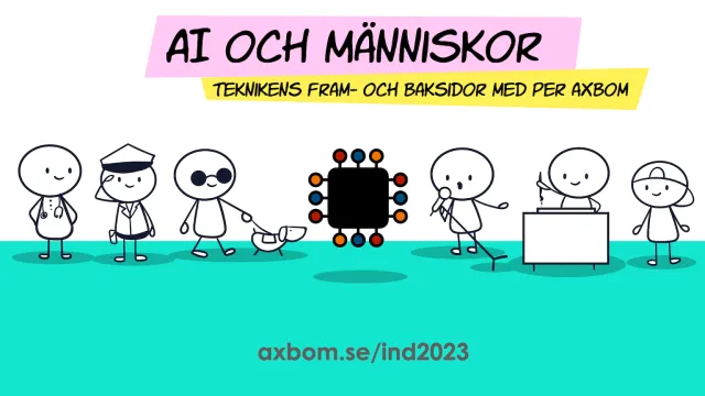 Title slide: AI och människor – teknikens fram- och baksidor med Per Axbom (AI and people: the upsides and downsides of the technology). axbom.se/ind2023. A row of stick figures: a doctor, a pilot, a person with a visual impairment and a guide dog, an AI chip in the middle, a person tripping with a microphone, a person writing at a desk and a person in a cap.