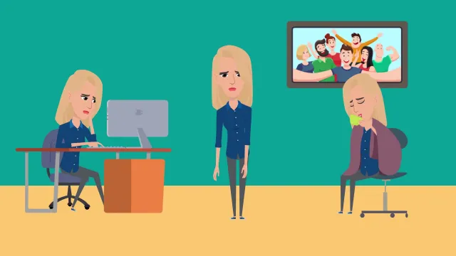 Still from the animated film “Josefin och energin”: Josefin shown three times in an office – tired at her computer, standing with a weary look, and slumped in a chair – beside a screen with a happy group of people.