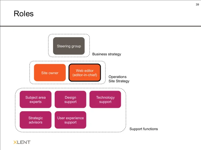 Roles for running the site: A diagram of the recommended organization: a steering group for business strategy; a site owner and a web editor (editor-in-chief) for operations and site strategy; and support functions – subject area experts, design support, technology support, strategic advisers and user experience support.