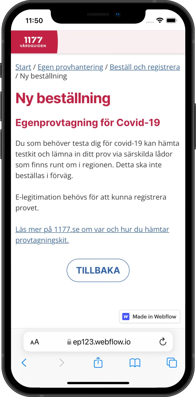 Prototype: New order (screens in Swedish): The Webflow prototype on a phone: ordering a covid-19 self-test.