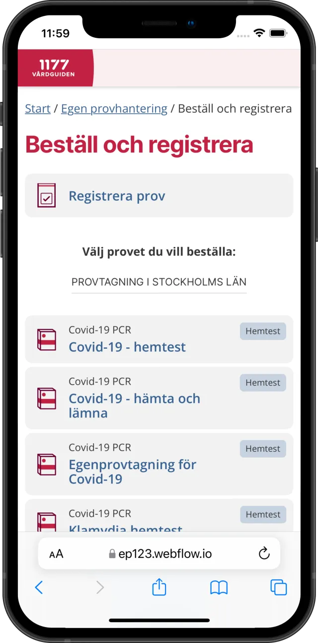 Prototype: Order and register (screens in Swedish): Choosing which test to order or register.