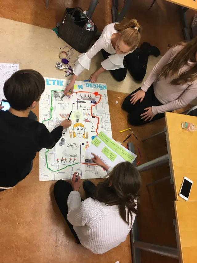 Students at work, February 2019: Four students kneel around a large sheet of paper on the floor, drawing and writing a poster headed “Etik inom design”.
