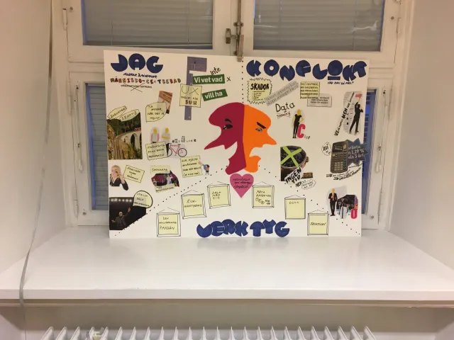 Student poster: “Jag, Konflikt, Verktyg”: A collage poster in three parts – me (human-centered, asking questions, collaborating), conflict (harms, data, no time, money) and tools (risk management, sharing, measuring effects, the Inclusive Panda) – around a two-faced profile in red and orange.