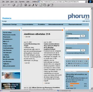 Phorum's start page, June 2001 – image: Lumano (CC BY-SA): Screenshot of Pharmacia's intranet Phorum in June 2001: a blue and gray page with the Pharmacia and phorum logos, a menu on the left, news items in the middle and a poll on the right.
