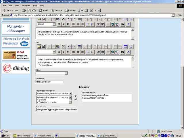 Publishing and categorizing a news item: The publishing tool in Internet Explorer: a news item from the occupational health service announcing winners of a points competition, with fields for editor and author, a list of available categories and the chosen ones (Staff/Occupational health; Staff/Exercise and leisure), and keywords. Names are hidden here.