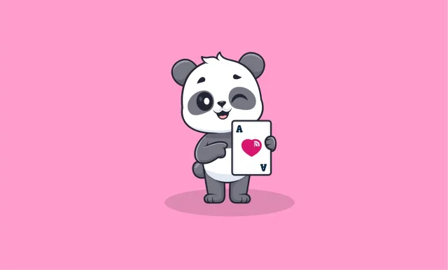 A cartoon panda on a pink background, winking and pointing at a playing card it holds up: an ace with a pink heart in the middle.