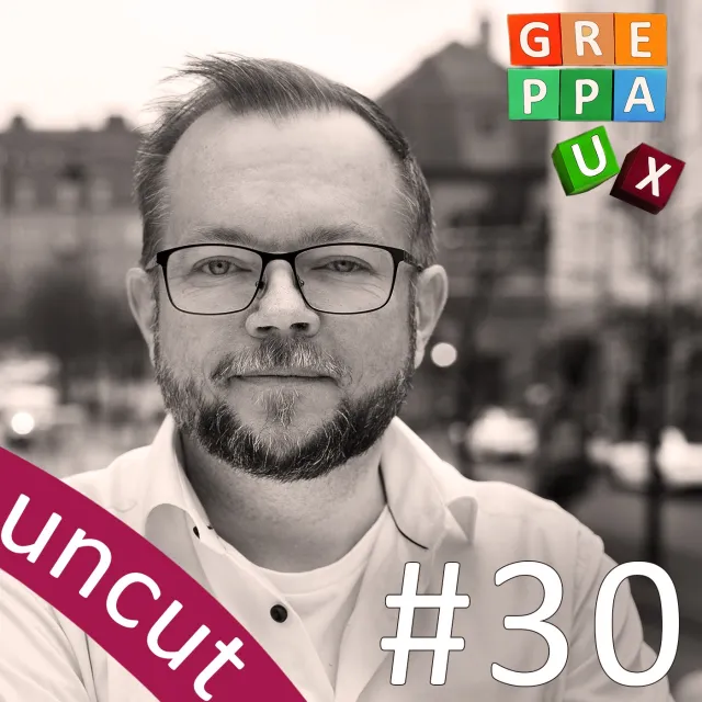 Cover art: black-and-white portrait of Per Axbom with the greppaUX logo, a red “uncut” band and #30.