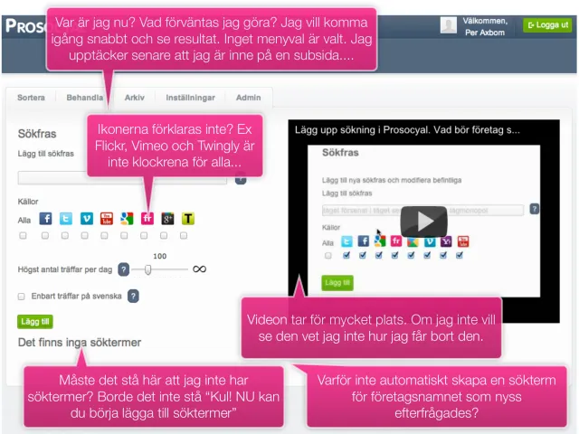 Review: getting started (in Swedish): The first view after logging in, with notes: Where am I? What am I expected to do? The icons aren't explained, the video takes too much space, and why not create a search term for the company name automatically?