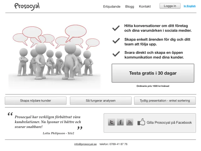 Idea sketch: a new start page (in Swedish): Wireframe of a calmer start page: three clear benefits, one “Try free for 30 days” button and a single customer quote.