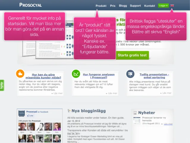 Screenshot of Prosocyal's start page with Per's pink notes: too much information, is “Product” the right word, the British flag excludes many English-speaking countries, and the site is “an orgy of icons”.