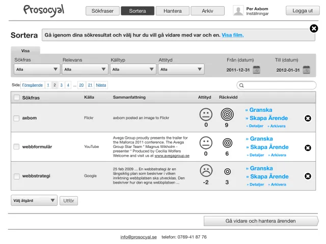 Idea sketch: sorting hits (in Swedish): Wireframe of the sorting view: hits listed with source and sentiment faces, and clear actions per row – answer, create case, archive.