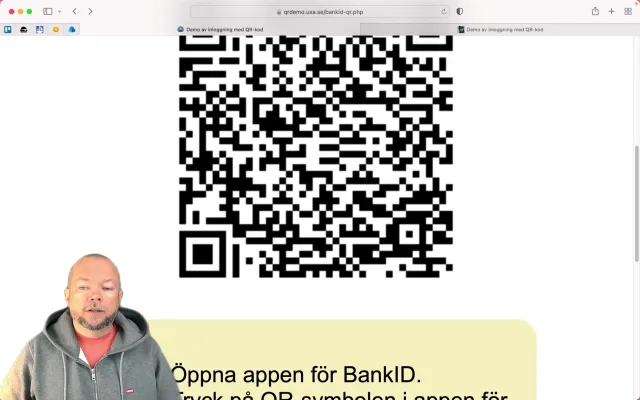 Zoomed in: the QR code ends up off screen: The page is zoomed in so that the QR code fills the screen and its lower part disappears out of view. Below, only the start of the instruction “Öppna appen för BankID” (Open the BankID app) is visible.