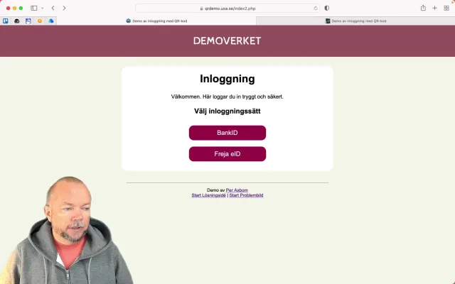 The problem: a typical login: The fictional service Demoverket with the heading Inloggning (Login) and buttons for BankID and Freja eID. Per Axbom is visible in the corner of the film.