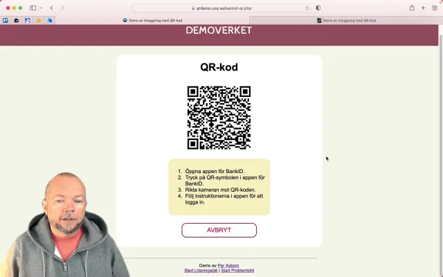The QR code appears at once: The QR-kod page: a QR code that changes every second, with numbered instructions below and a Cancel button – the time limit has already started.