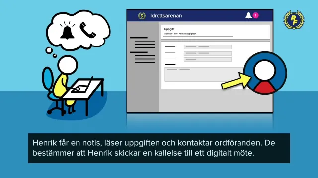 Frame from an explainer video in Swedish: a drawn figure at a desk thinks of a bell and a phone, next to a simplified Idrottsarenan screen with a notification and a highlighted contact. Subtitle: “Henrik får en notis, läser uppgiften och kontaktar ordföranden. De bestämmer att Henrik skickar en kallelse till ett digitalt möte.” (Henrik gets a notification, reads the task and contacts the chair. They decide that Henrik sends an invitation to a digital meeting.)