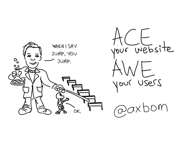 Hand-drawn title slide: “ACE your website, AWE your users – @axbom”, with a cartoon man on a staircase telling a small figure “When I say jump, you jump.”
