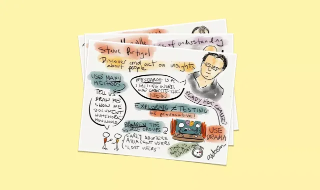 UXLx 2012: the first set: A stack of sketchnote pages on a yellow background. The top one: Steve Portigal, “Discover and act on insights about people” – “Use many methods”, “Research is a limiting word, we create the new”, “Exploring ≠ testing, be provocative!”, “Broaden the source groups: early adopters, adjacent users, ‘lost users’”, “Use drama”, “Time is not a limitation”.