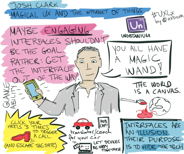 UXLx 2015: Josh Clark, Magical UX and the internet of things: “Maybe engaging interfaces shouldn't be the goal. Rather: get the interface out of the way!” “You all have a magic wand!” Unobtainium. Glanceability. “The world is a canvas.” “Click your heels 3 times to trigger a call (and escape the date).” A translator/coach for your car. “Let devices be happy together.” “Interfaces are an illusion. Their purpose is to hide the tech.”