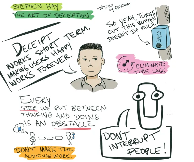 UXLx 2015: Stephen Hay, The art of deception: “Deceipt works short term. Making users happy works forever.” A pedestrian-crossing button: “So yeah, turns out this button doesn't do much.” “Eliminate time lags.” “Every step we put between thinking and doing is an obstacle.” “Don't make the audience work.” Clippy, the old Office assistant: “Don't interrupt people!”