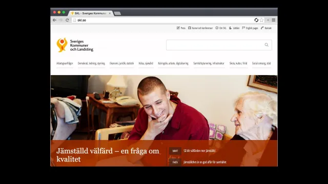 The new skl.se start page in a browser: SKL's logo, a navigation bar and a large photo of a young man and an older woman with the heading “Jämställd välfärd – en fråga om kvalitet”.