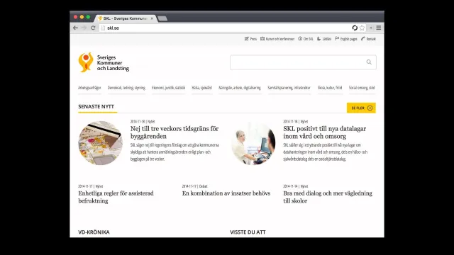 Further down the start page: Below the large image: latest news in two columns with small photos, and sections further down.