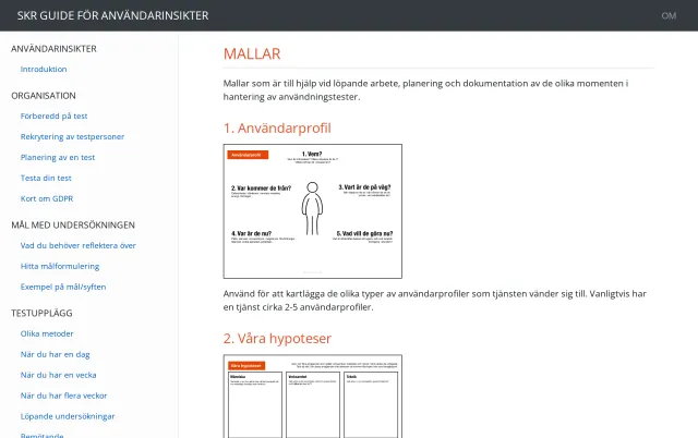 Templates: The templates page, “Mallar”, in Swedish: templates for planning and documenting usability tests. Visible are 1. User profile – a figure surrounded by the questions Who?, Where are they coming from?, Where are they going?, Where are they now? and What do they want to do now? – and the start of 2. Our hypotheses, with the columns People, Organization and Technology.