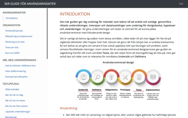 The start page of the guide, in Swedish, “SKR Guide för användarinsikter” (SKR guide to user insights): the heading “Introduktion”, an intro saying the guide supports methods for studies, interviews and data gathering for design decisions, hypotheses and evaluations, and an illustration of user-centered design in six steps – research, define, ideate, prototype, test, implement. On the left, the menu: Organization (being prepared for testing, recruiting participants, planning a test, test your test, a short section on GDPR), the goals of the study, and test setup (different methods, when you have a day, a week, several weeks, ongoing studies, how to treat participants).
