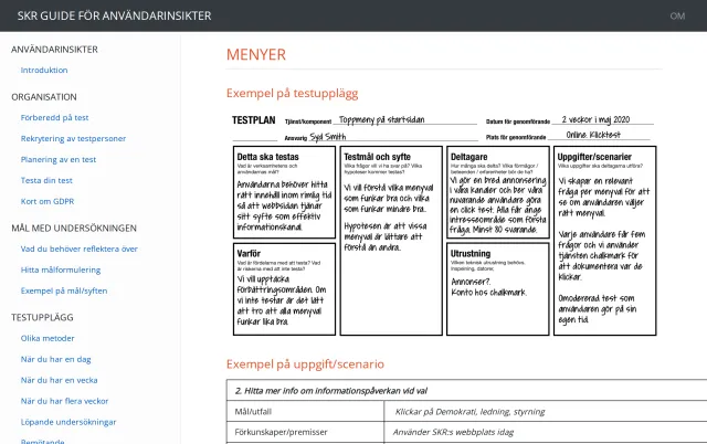 Test example: menus: The test example “Menyer” (Menus), in Swedish: a filled-in test plan for the top menu on the start page, an online click test over two weeks in May 2020. The boxes – what to test, why, test goals and purpose, participants, equipment, and tasks/scenarios – are filled in by hand, for example “We want to understand which menu options work well and which work less well.” Below it, an example task/scenario begins.