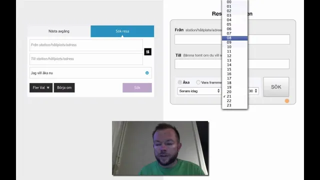 Still from Per's 2014 video review: SL's new journey planner on the left and the old one on the right, with an hour dropdown open, and Per talking in a small video window below.