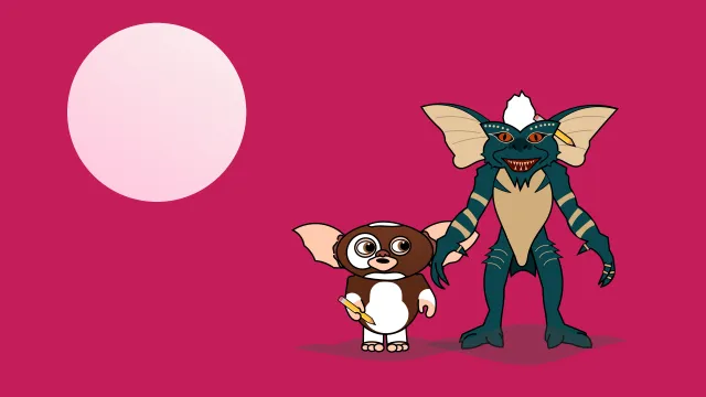 Title slide: Per's own drawings of the Gremlins characters Gizmo and Stripe on a raspberry-red background.