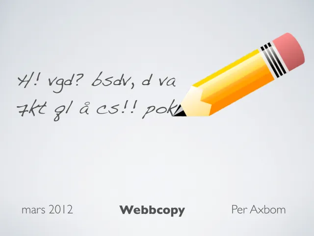 Web copy 2012: title slide: Title slide: “mars 2012 · Webbcopy · Per Axbom”, with a pencil and a line of text-speak in handwriting: “H! vgd? bsdv, d va 7kt ql å cs!! pok” – roughly “Hi, what’s up? …”