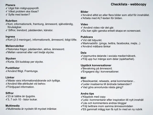 Web copy 2012: the checklist: “Checklist – web copy”, the summary slide: plan, headline, lead, subheadings, paragraphs, bullet lists, links, numbers, multimedia, images, video, publishing, sharing, discovering conversations, measuring and other tips – each with a few short check points.
